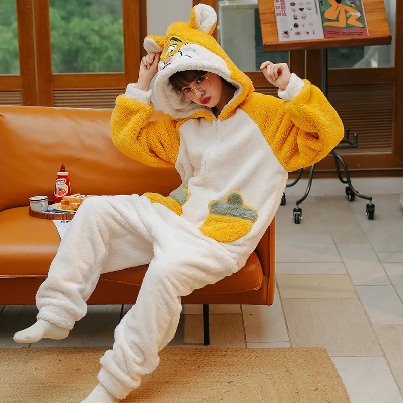 Winter thickening coral fleece pajamas women Flannel  onesie women sexy cute cartoon warm sweet jumpsuit