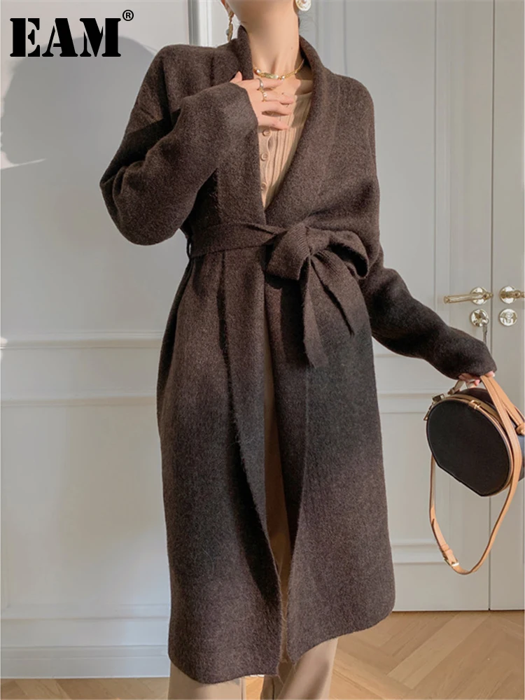 

[EAM] Belted Big Size Long Knitting Cardigan Sweater Loose Fit V-Neck Long Sleeve Women New Fashion Autumn Winter 2023 1DF1118