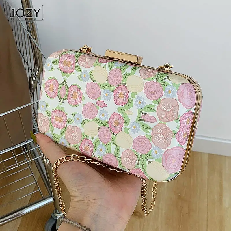 

Chain Women Mini PU Leather Box Shape Shoulder Crossbody Bag Lady Handbags 2022 Summer Fashion Flowers Evening Day Clutch