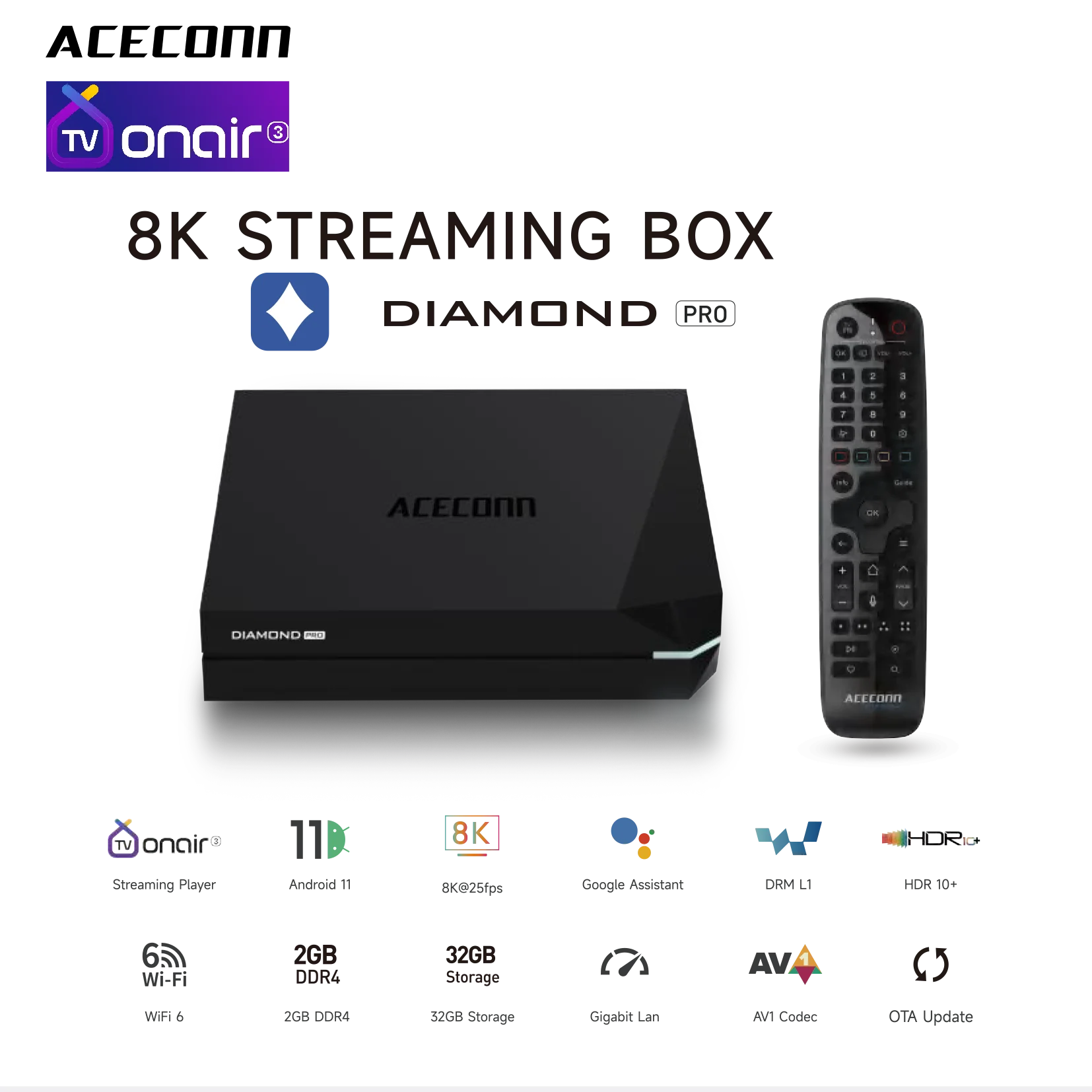 Фото ACECONN IPTV TV Box TVONAIR3 2 ГБ DDR4 32 ГБ Diamond Pro WiFi6 BT Пульт дистанционного управления №1