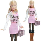 Аксессуары и Одежда для кукол BJDBUS, 1 комплект, женское розовое платье, куртка, коричневые ботинки, сумка, игровой набор, наряд для Барби