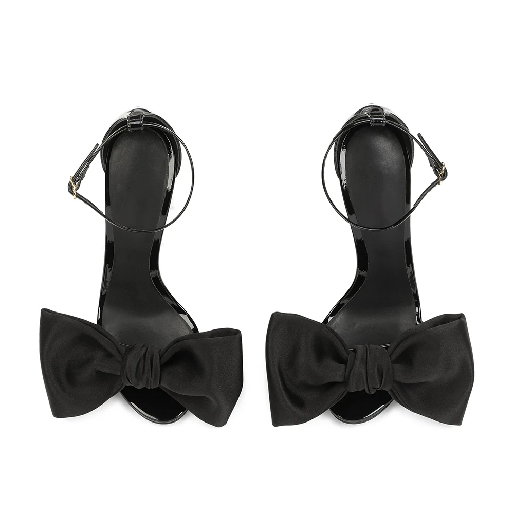 2023 Summer New Round Toe Black Bow Sandals for Women Stilettos Party High Heels Ladies Ankle Strap Bowknot Shoes Large Size