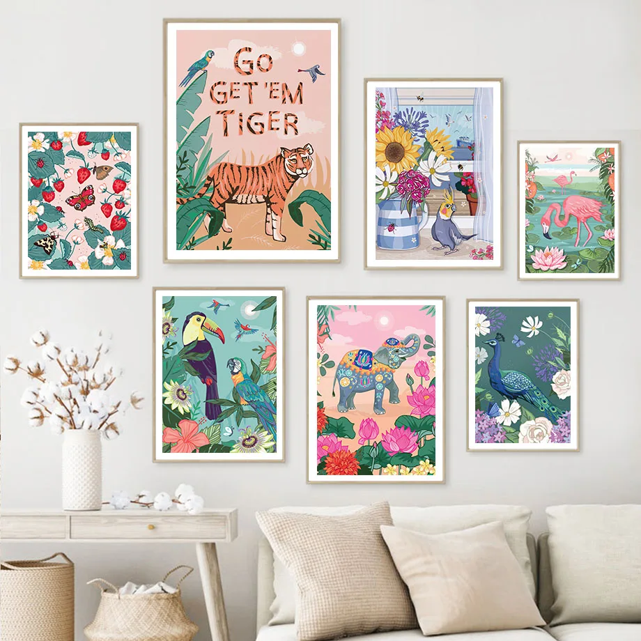 Настенная Картина на холсте со слоном тигром фламинго цветком попугаем павлином