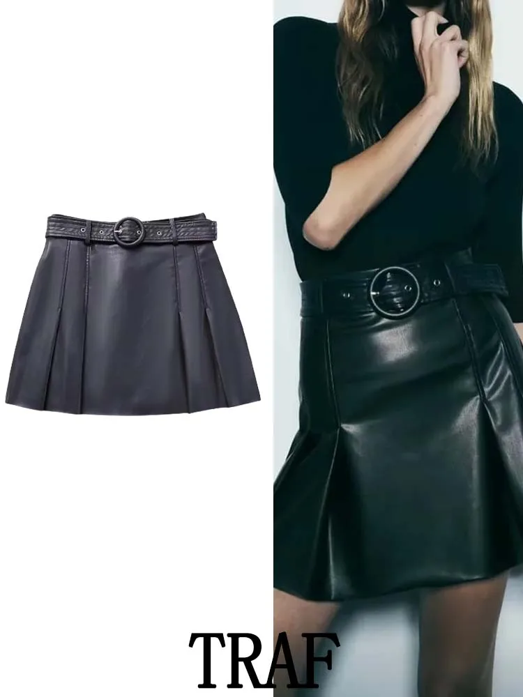 

Женская плиссированная мини-юбка трапециевидной формы, из искусственной кожи