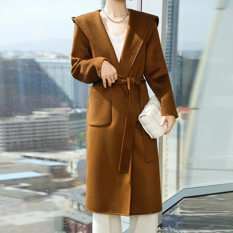 Женское двухстороннее шерстяное пальто с поясом свободное утепленное из 2023