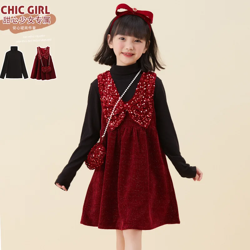 

Girls' velvet dress bow v-neck sequin burgundy skirt 3-12 years old girls' autumn and winter suit