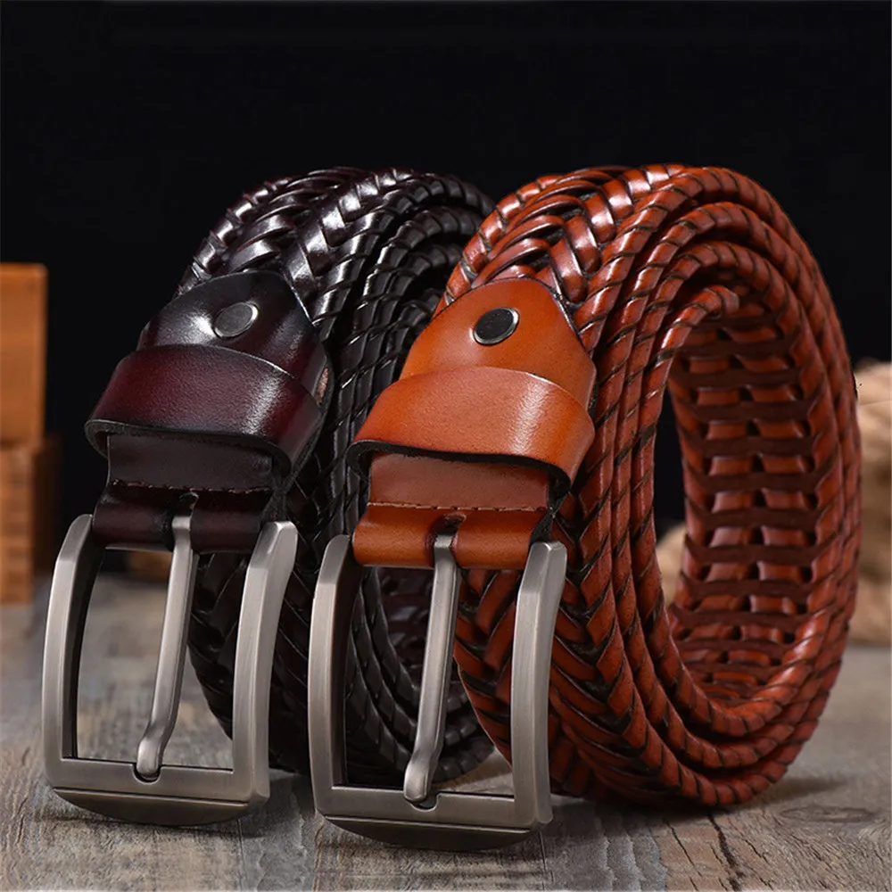 

1Pc 4cm Width 4 Colors and Length Optional Handmade Braided Zinc Alloy Buckle Men Genuine Leather Retro Casual Woven Hollow Belt
