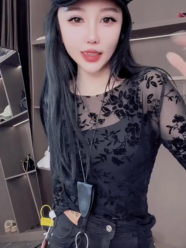 Осень 2024 новая тонкая сексуальная кружевная рубашка с длинными рукавами женская