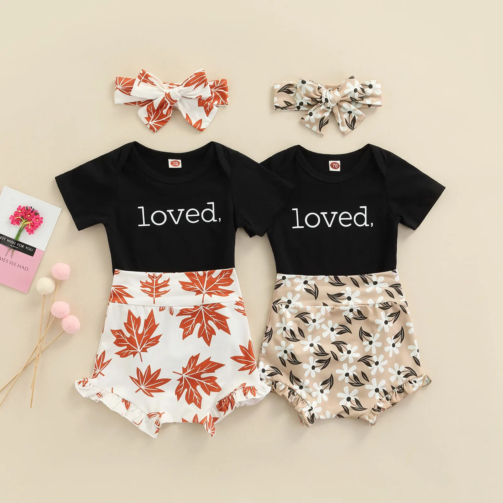 

0-18M Newborn Infant Baby Girl 3Pcs Summer Clothing Set Short Sleeve Letter Printed Bodysuit Top Shorts Outfit
