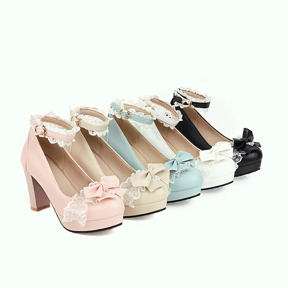 Women's Platform High Heels Elegant Bow Lace Ankle Buckle Strap Mary Jane Shoes Versatile Lolita Party Dress Pumps Plus Size