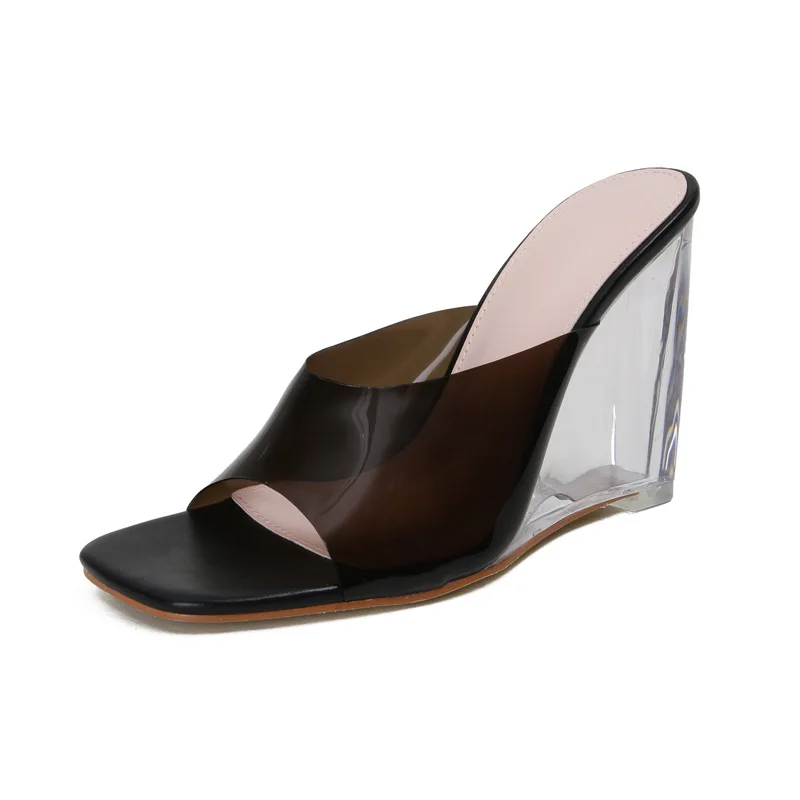 Summer Transparent PVC Crystal Wedges Women's Sandals High Heels Open Toe Clear Slip on Slides Jelly Shoes Ladies Shoes