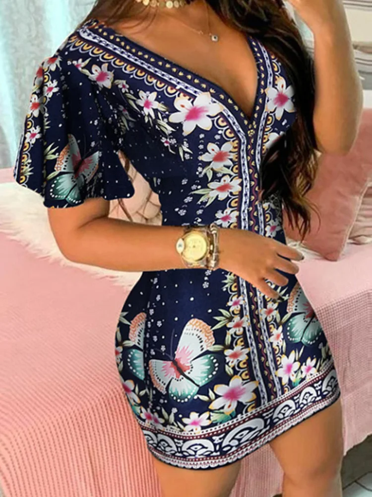 

Seedtotree Floral Print Plunge Short Sleeve Bodycon Summer Dress Women