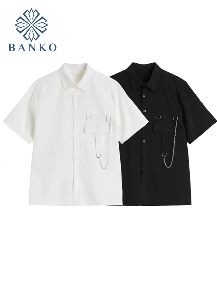 

Summer Unisex BF Blouse Harajuku Chain Pockets Baggy Short Sleeve Clothes Streetwear Casual All-Match Single Breasted Tops Coat