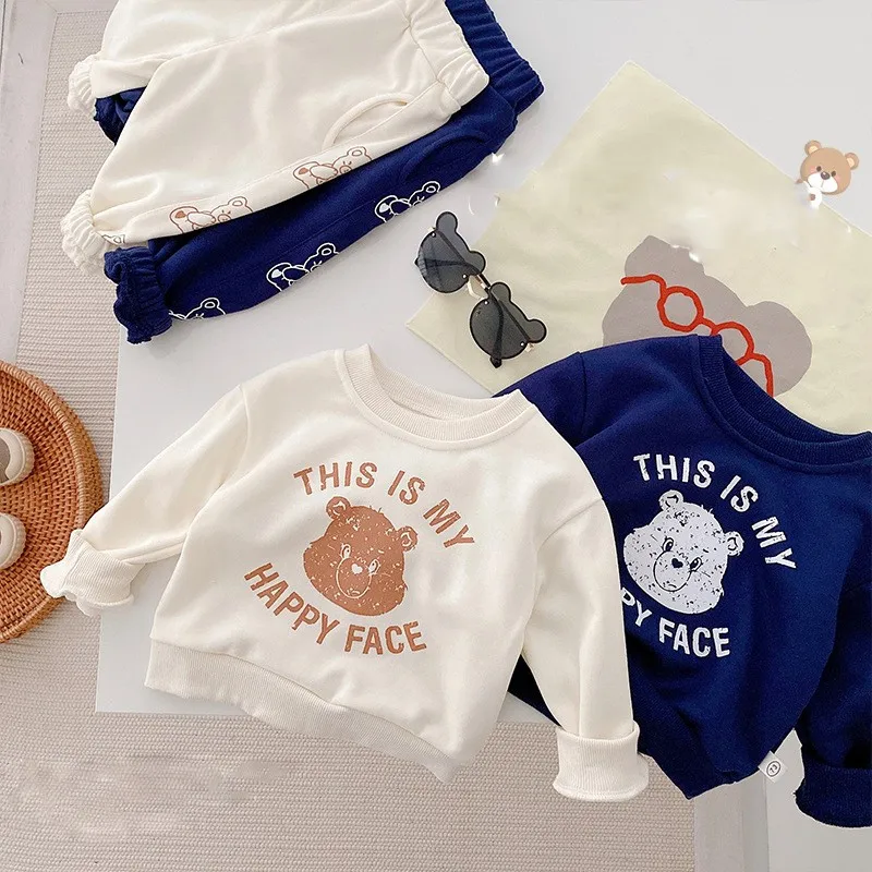 

Kids 2022 Boys Girls Cartoon Bear Print Clothing Suit Set Long Sleeve Tops And Cotton Trousers Outfits 2pc Pajamas
