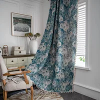2022 New  Bohemian Style Blue Household Curtain Flower Printing Designed Curtain  High Quality Modern Curtain