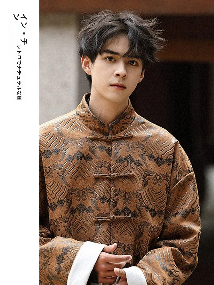 Men's Stand Collar Jacket Embroidered Silk Sea Pattern Couples Outerwear Autumn Winter Fashion Chinese Sle Long Sleeve Coat |