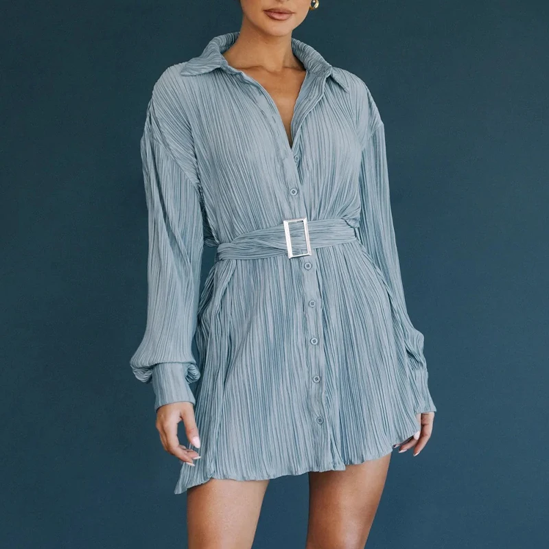 

Lady Casual Single Breast Buckle Shirts Dresses 2023 Elegant Long Sleeve Solid Mini Party Dress New Arrival Texture Short Dress