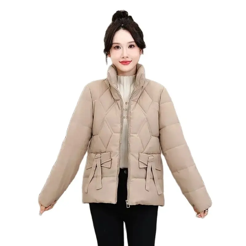 

Winter Short Cotton Jacket Women New Loose Stand-Up Collar Coat Fashion Bowknot Outerwear Pure Colour Thicken Overcoat Female