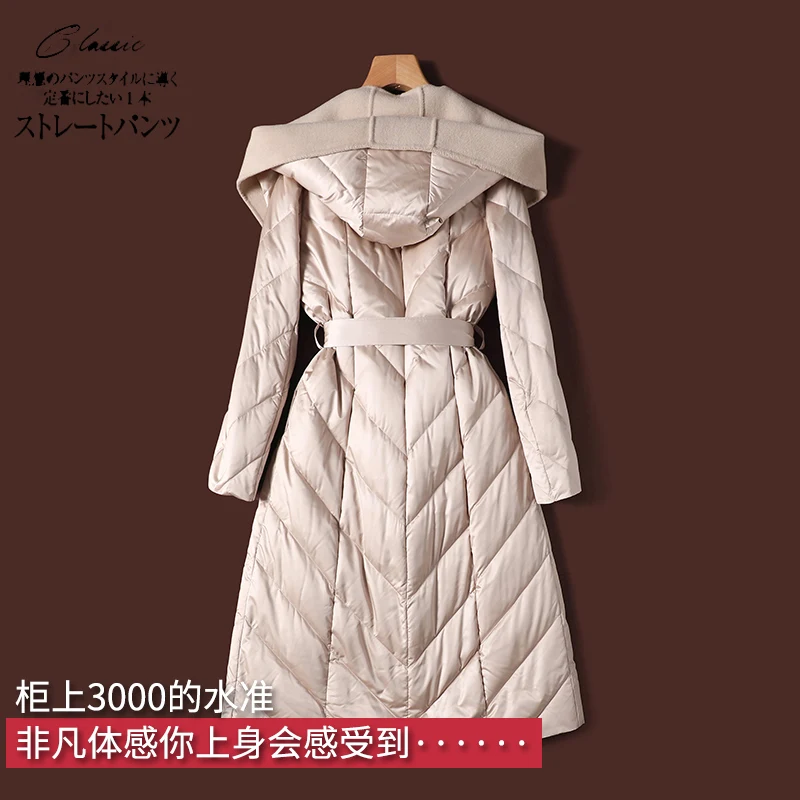 Luxury Long Women Jacket  90%  White Duck Down Thin Lace Up Autumn/Winter  Adjustable Waist Wool Hat Detachable