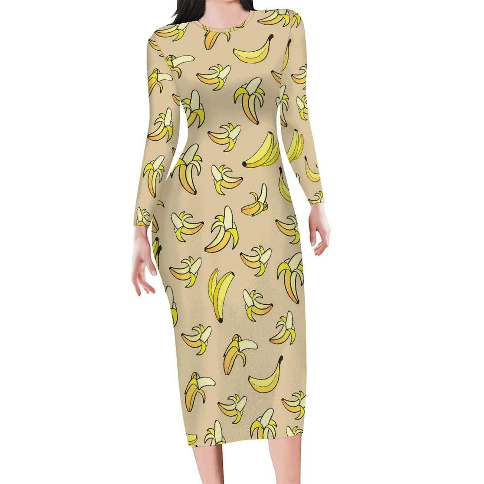 

Желтое облегающее платье-банан, женские ретро-платья с принтом фруктов, весеннее уличное платье с длинным рукавом, индивидуальное платье большого размера