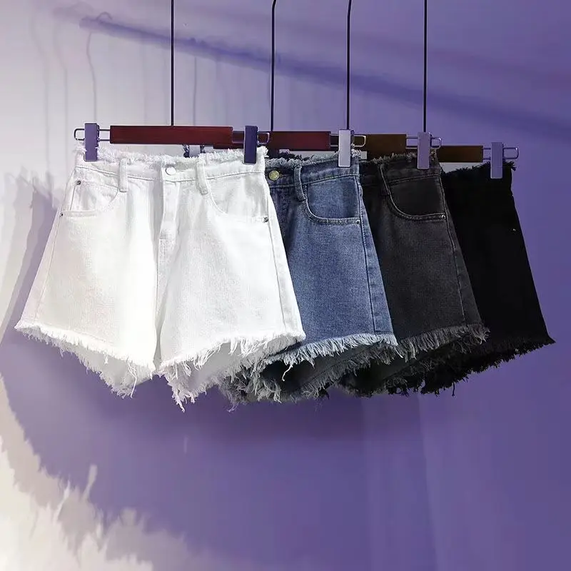 New Casual High Waist Denim Shorts Women Summer Pocket Tassel Hole Ripped Jeans Female Femme Short Pants N19