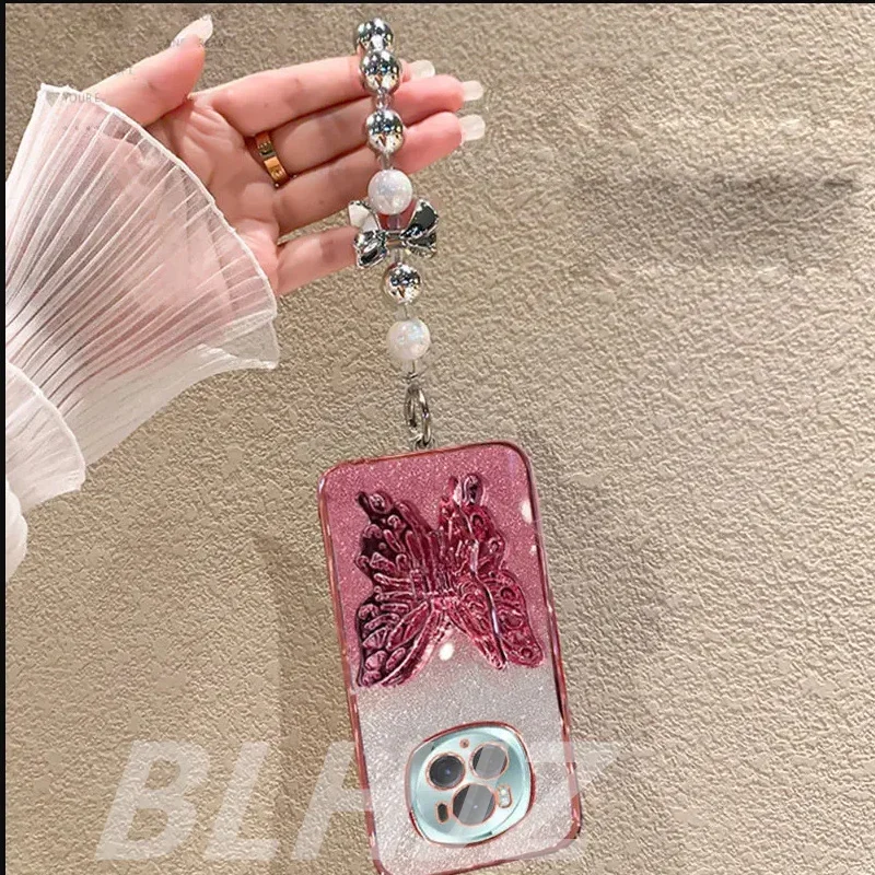 Фото 3D Butterfly Phone Holder Bead bracelet Glitter Case for Motorola Moto G85 G 85 G84 G83 G04 G14 G24 G34 G54 G73 E14 Stand Cover №4