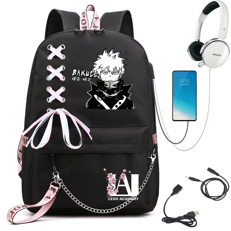 My Hero Academia Anime Plecak damski Port Usb Damski plecak podróżny Torba na ramię Katsuki Bakugo Trend laptopa