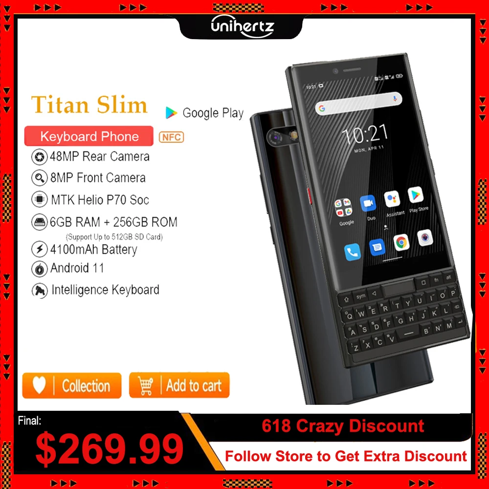Global Version Unihertz TITAN SLIM 6GB 256GB Smartphone Android 11 Qwerty Keyboard Cellphone 48MP NFC 4100mAh 4G Mobile Phone