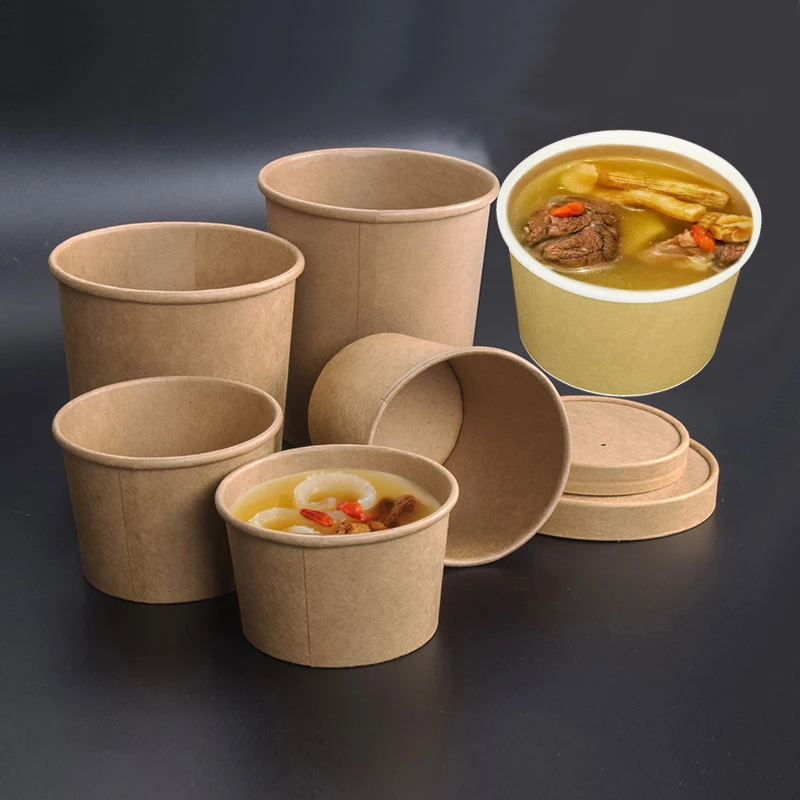 

50pcs/pack Large Capacity Disposable Kraft Paper Bowl With Paper Lid Eco Takeaway Food Package Paper Cup Paper Lunch Box