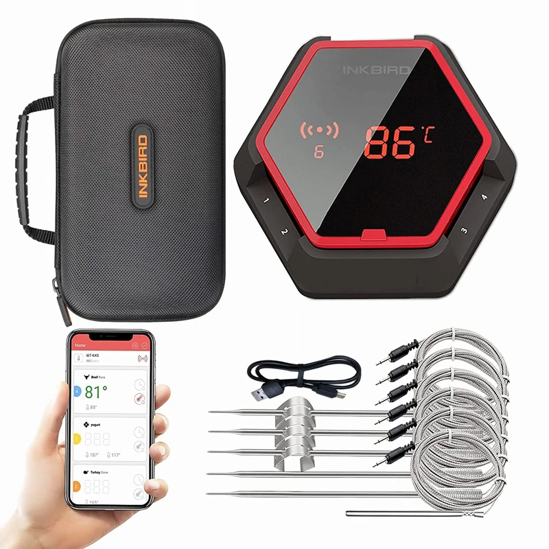 INKBIRD 150ft Bluetooth-Grill-Thermometer IBT-6XS With Carry Case &6 Temperature Probes,Wireless BBQ Thermometer w/ Magnet Timer