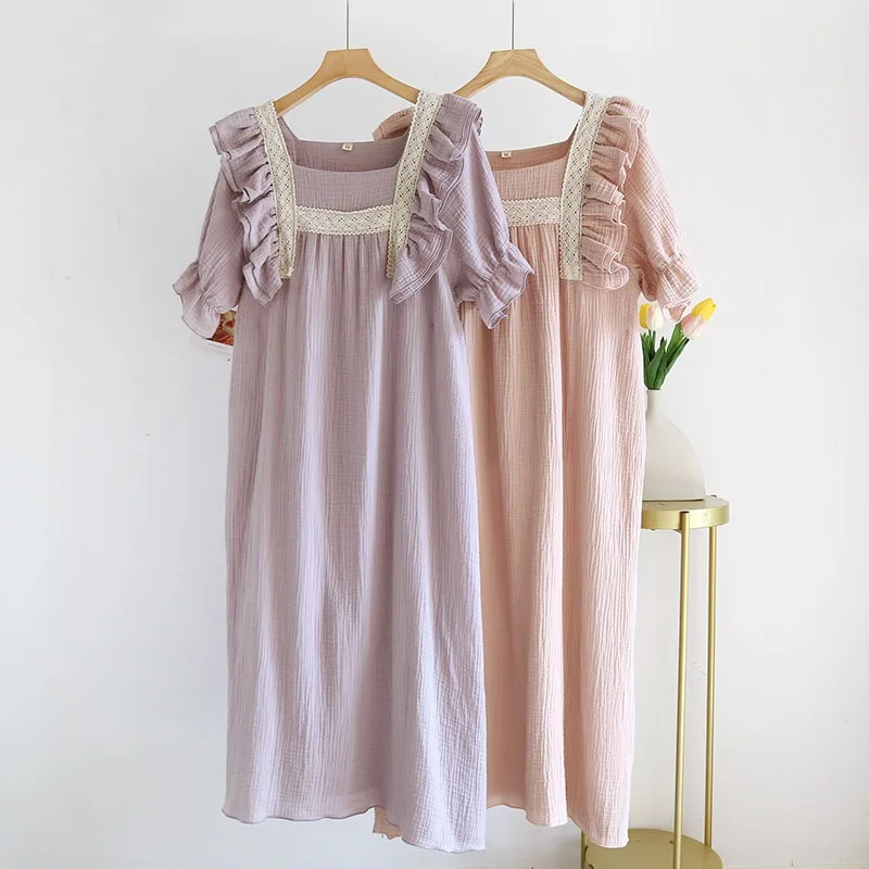 

2023 Spring 100% Cotton Crepe Nightgown Women Short Long Sleeve Lace Ruffles Thin Long Dress Homewear Cute Nightwear Home Dress