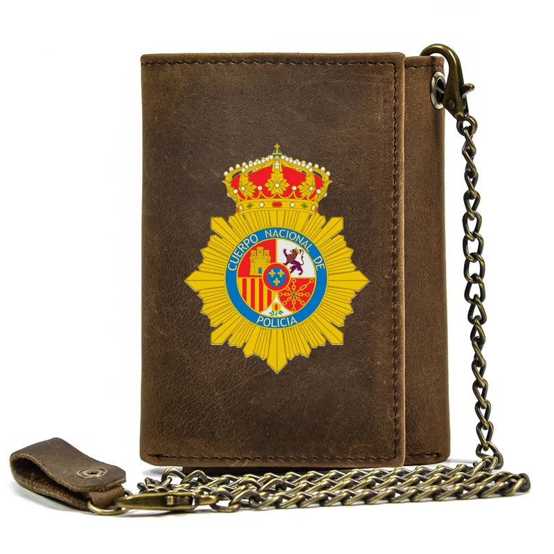 

High Quality Men Genuine Leather Wallet Anti Theft Hasp With Iron Chain Cuerpo Nacional De Policía Cover Card Holder Short Purse