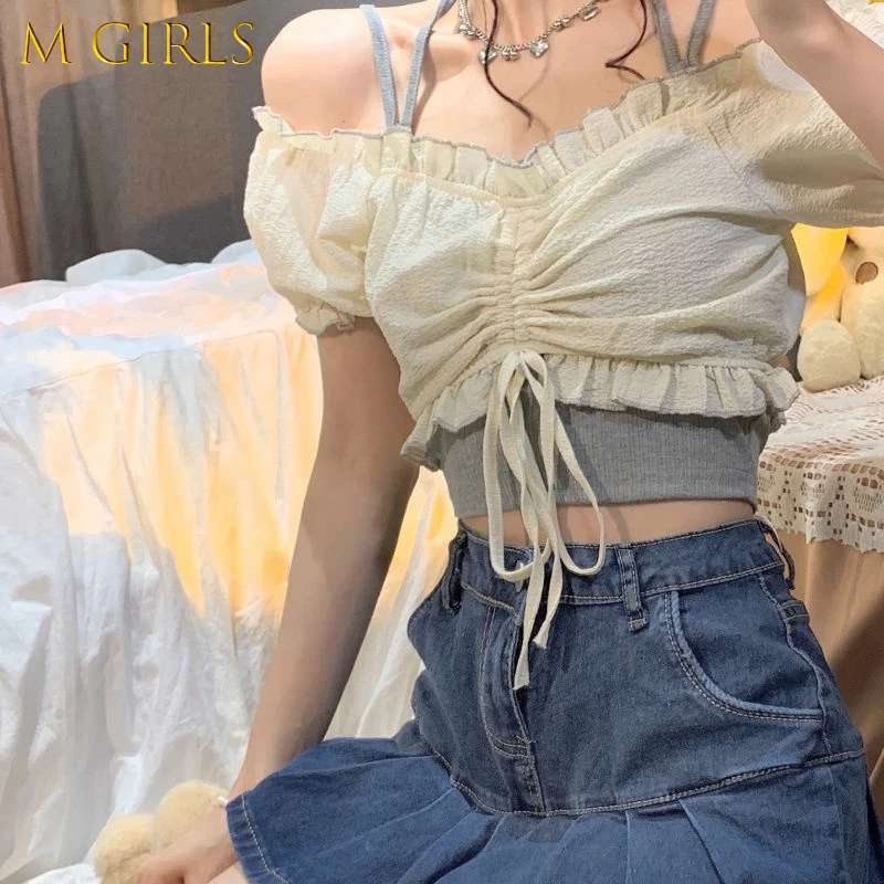 

M GIRLS Sets Women Summer Korean Style Sweet Fashion Streetwear Slim All-match Holiday Comfortable Cropped Party Girls Kawaii