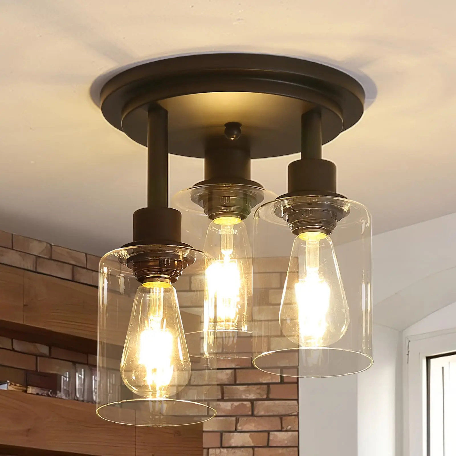 Lampa sufitowa do montażu podtynkowego 3 jasne szklane klosz matowe czarne wykończenie przemysłowa rustykalna oprawa gabinetu
