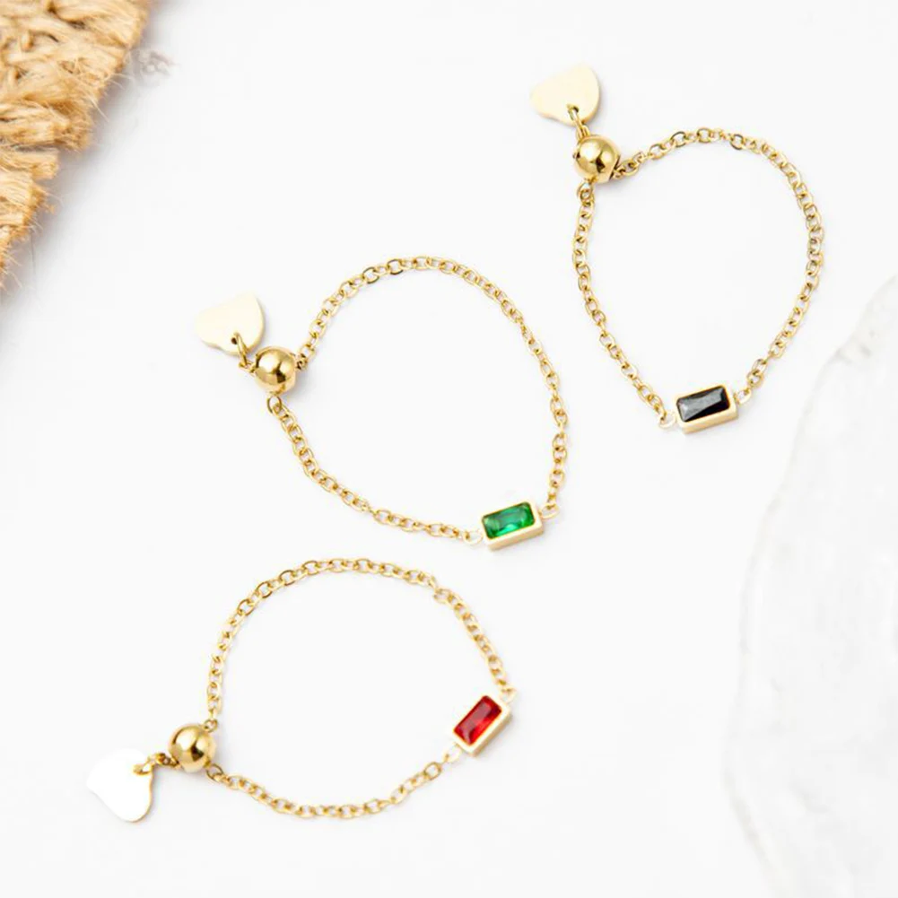 

New Fashion Stainless Steel Chain Adjustable Green Zircon Rings Women Rings Fade Free Jewelry