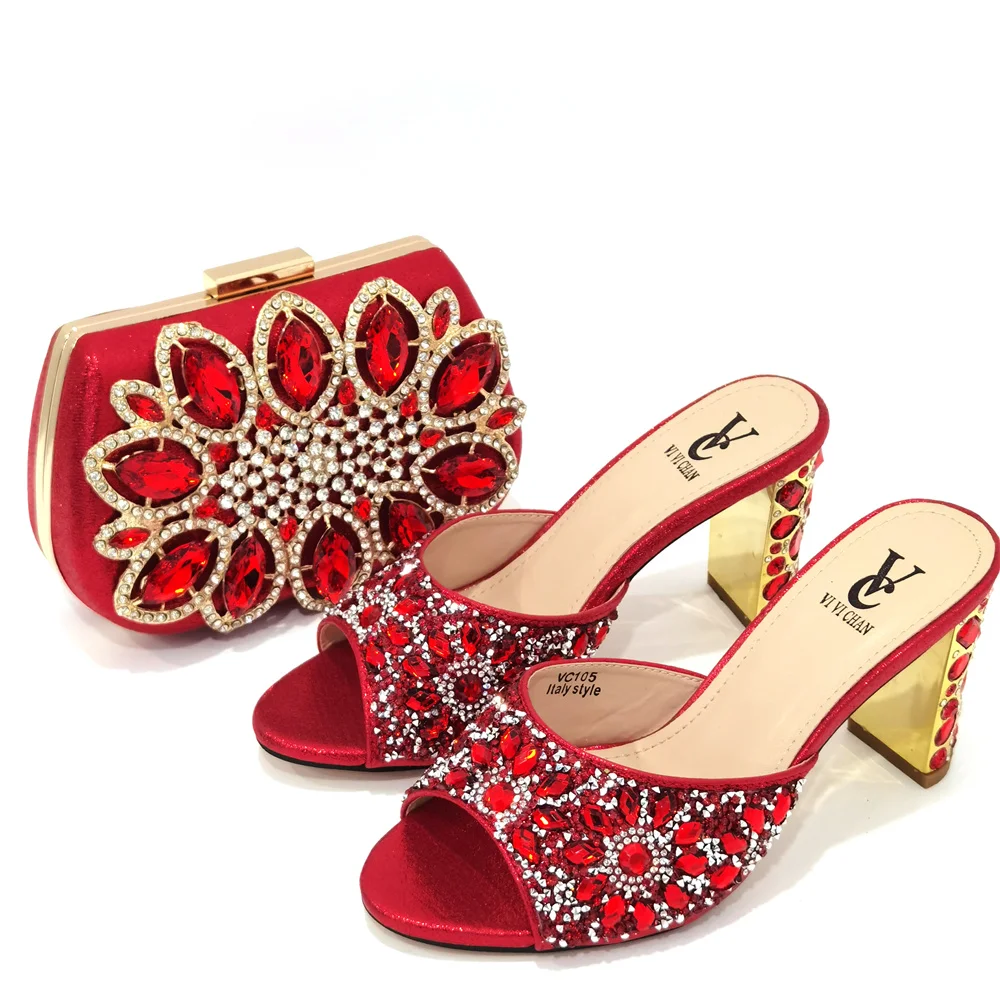 

Italian design Ladies Shoe and Bag Set Red Color Fashion Shoes with Matching Nigerian Mature Style Party Wedding Set