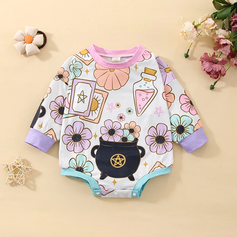 

Осенний комбинезон для новорожденных 0-24 м, Женский Повседневный милый комбинезон с мультяшным цветочным/призрачным глазным принтом, боди