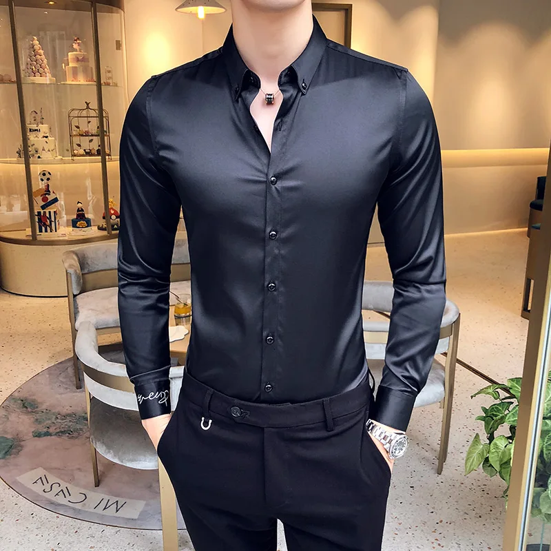 

Collar Embroidered Shirt Men's New Long Sleeve Slim Fit Casual High Quality Solid Color Social Business Shirt Street Clothing