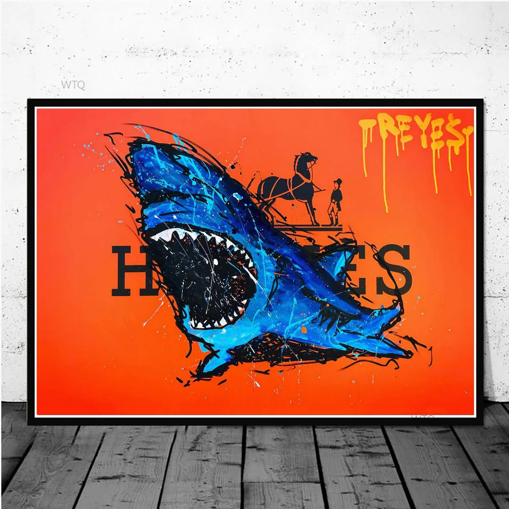 

Абстрактная Роскошная Синяя Акула, холст, принты, картина маслом, постер на стену, искусство, домашние декоративные граффити, картины для го...