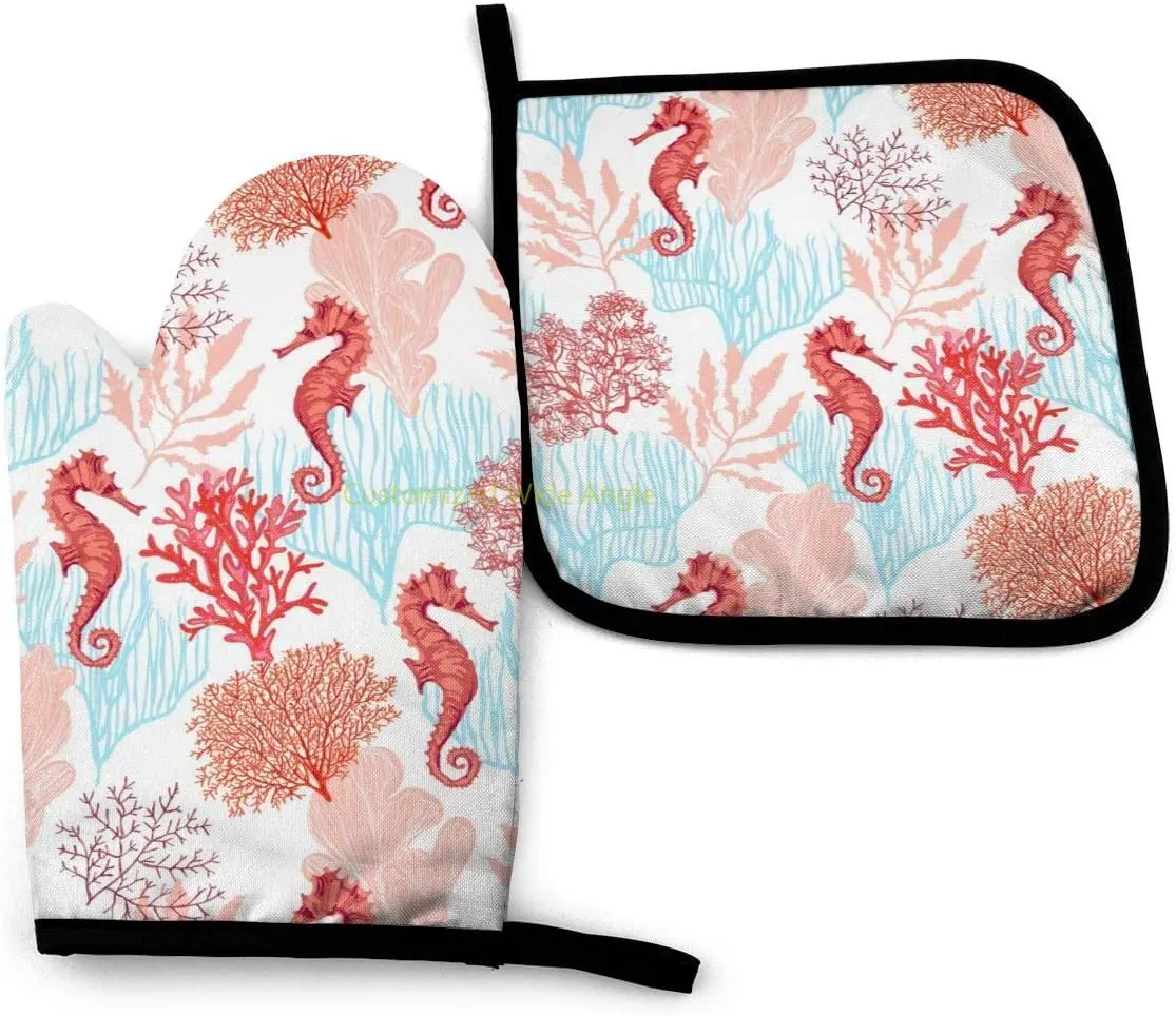 

Sea Horse Oven Mitts and Pot Holders Sets Heat Resistant Coral Oven Gloves with Non-Slip Surface for Safe BBQ Cooking