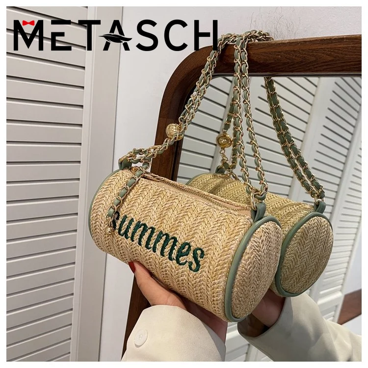 

METASCH Bucket Straw Bag 2022 Summer Letter Embroidered Phone Bag Storage Bag Chain Strip Shoulder Messenger Bag Crossbody Bag