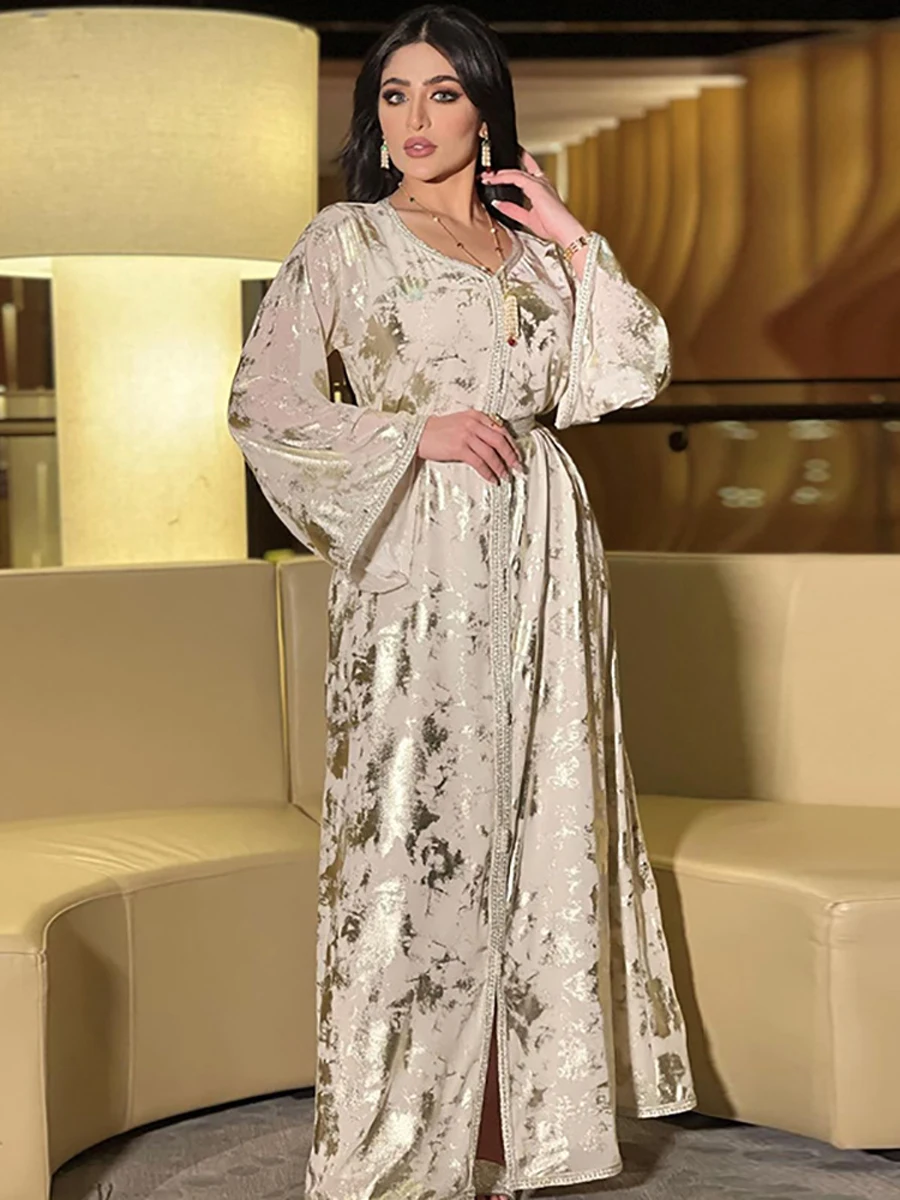 

Hot Stamping Chiffon Moroccan Kaftan Lined Arabic Dress Women Dubai Saudi Party Banquet Evening Caftan Ramadan Eid Muslim Abaya