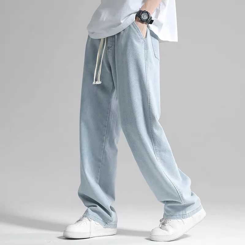 Korean Fashion Men's Baggy Jeans Classic All-match Solid Color Straight-leg Denim Wide-leg Pants Male Light Blue Grey Black 2023