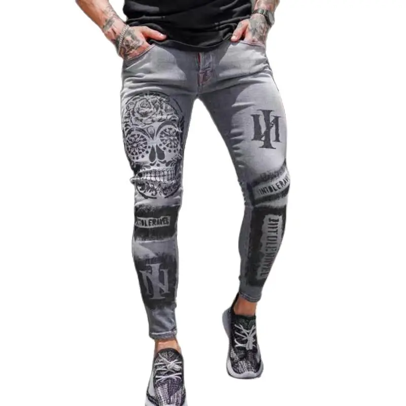 Men's Jeans Fashion Stretch Sexy Skinny Jeans Men's Printed Washed Grey Casual Denim Pencil Pants Jogging Boyfriend Pants джинсы
