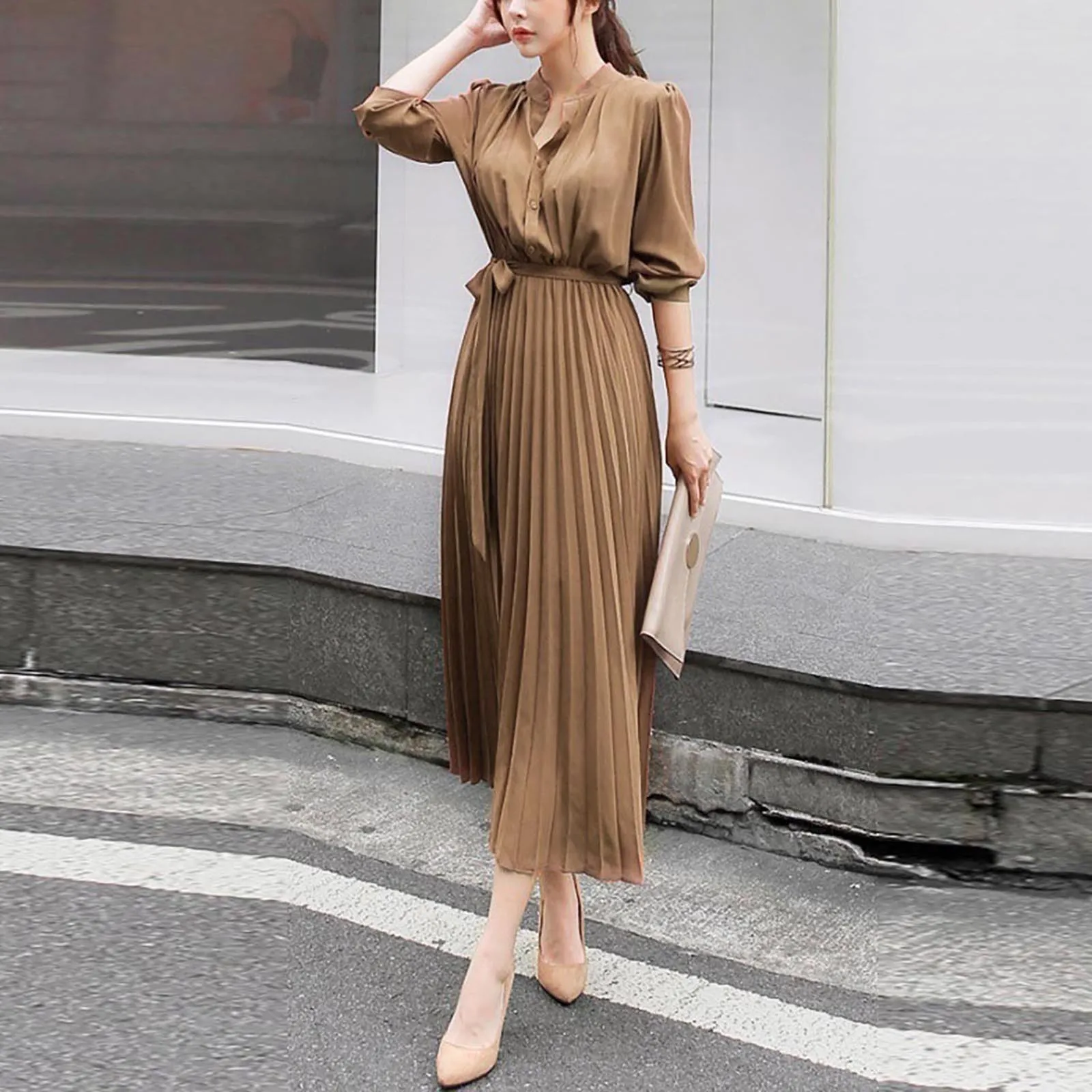 

Women Pleated Chiffon Long Dress 2022 Summer Office Ladies Sashes Party Midi Dress Elegant Loose Button Commute Shirt Dress