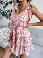 deenor mini dress for women summer vacation style casual bandage v neck floral chiffon dress 2022 summer casual fashion dresses