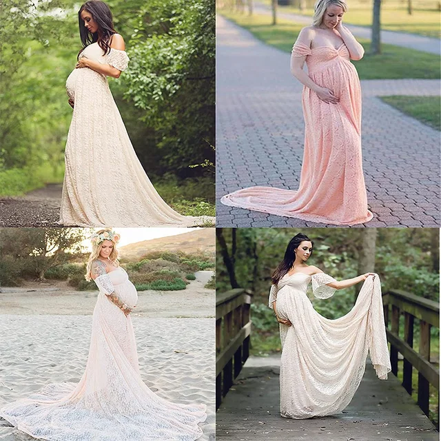 Maternity Photography Props Floral Lace Dress Fancy Pregnancy Gown Off Shoulder Ruffle for Baby Shower Photo Shoot Photoshoot 4