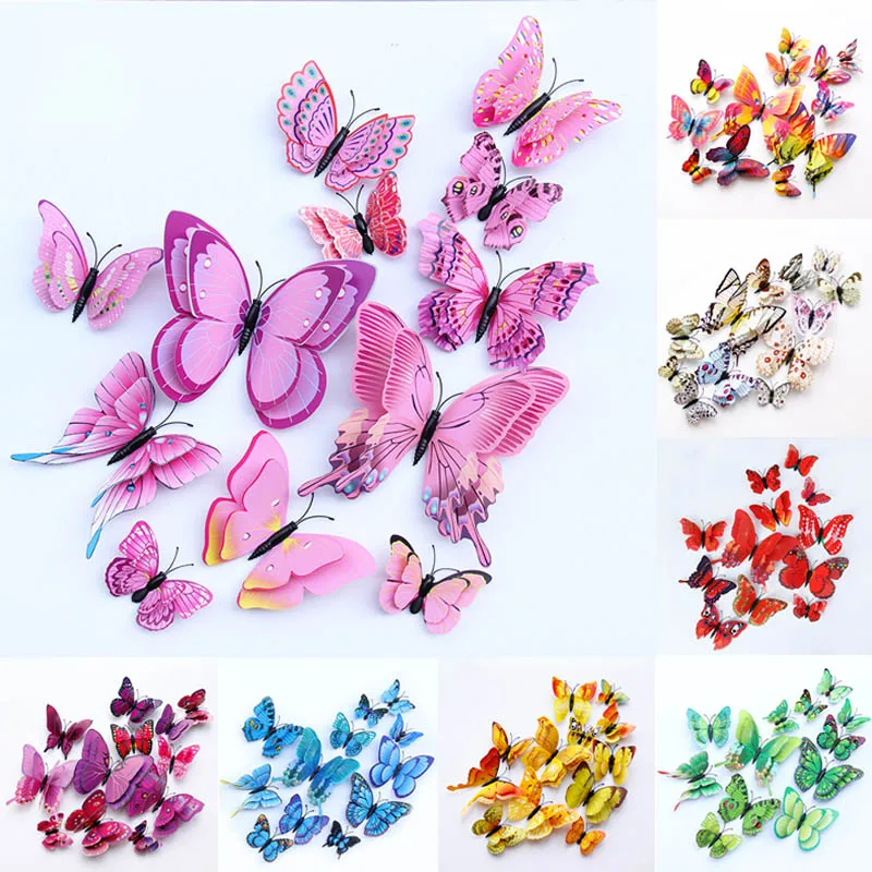

Wallpaper 3D Double layer Butter-fly Wall Sticker Kids Room Decoration PVC 12Pcs Fridge Magnet stickers Multifunction Home Decor