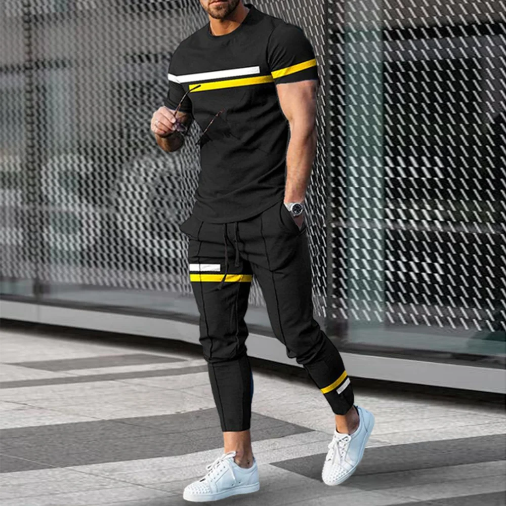 2023 Summer Men's New Super Large 3D Stripe Contrast Color T-shirt+Pants Two Piece Set of Fashion Casual Street Sportswear Europ