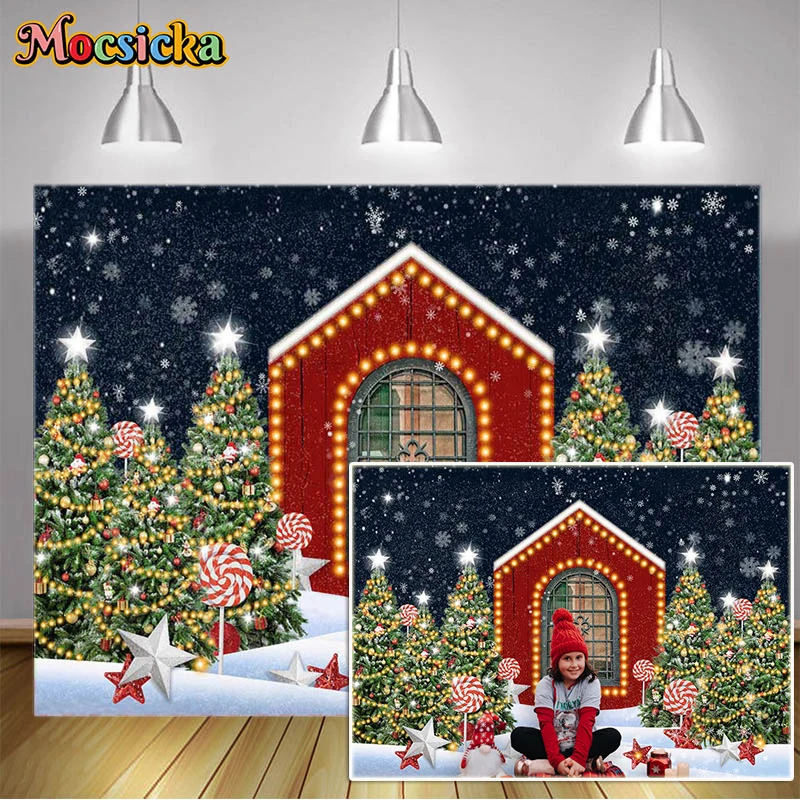 

Mocsicka Winter Christmas Background Photography Snowflake Pine Tree Birthday Party Red House Decoration Backdrop Photocall